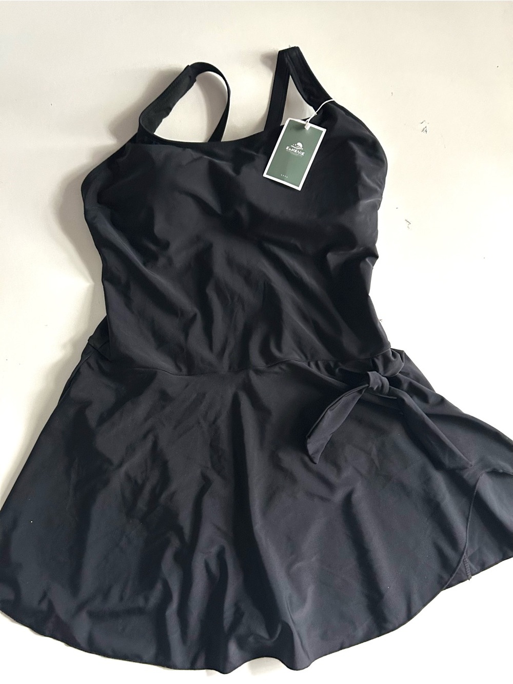 Eomenie Women’s Black One-Piece Swimsuit with Skirt Overlay, New with T SZ Large